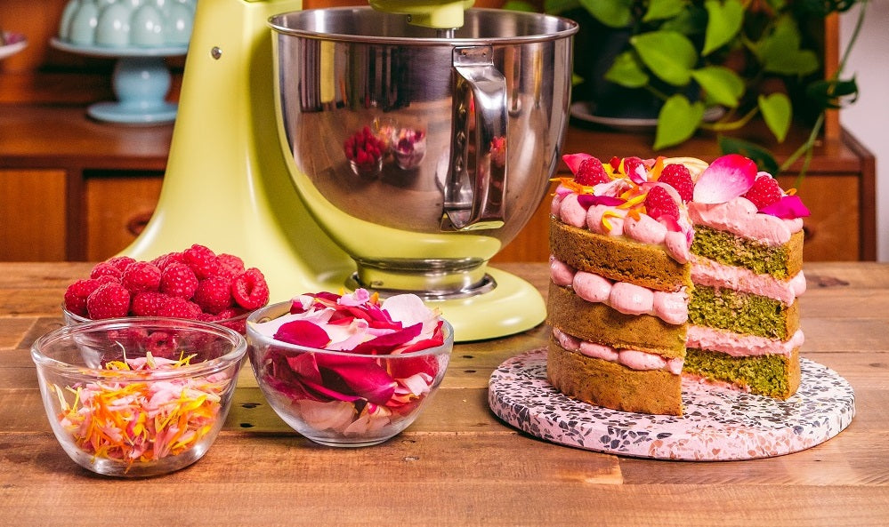 Lemon matcha sponge cake w/ raspberry yoghurt cream cheese (GF) | Katherine Sabbath