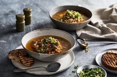 Beef and barley soup with parmesan and parsley gremolata