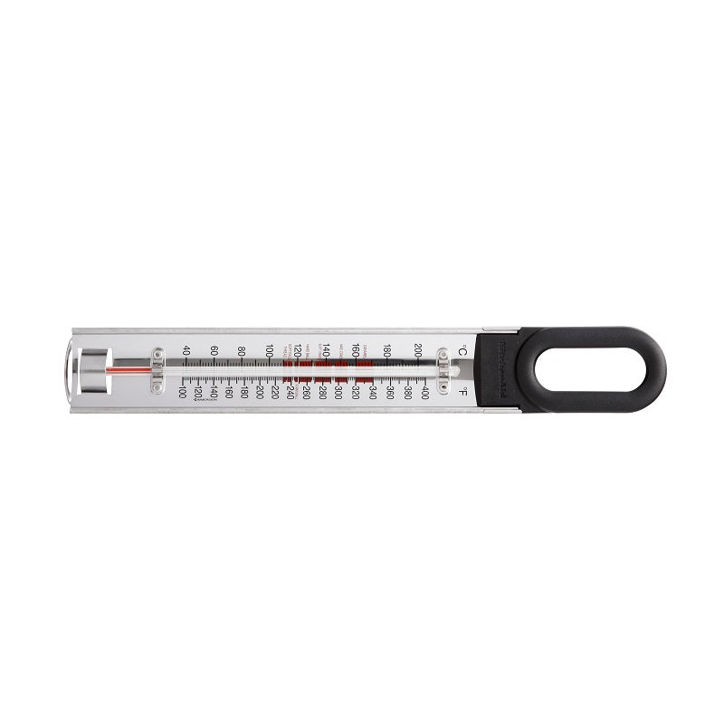 KitchenAid KQ907 Curved Stainless Steel Paddle Style Candy and Deep Fry  Thermometer with pan clip, TEMPERATURE RANGE: 100F to 400F, Black