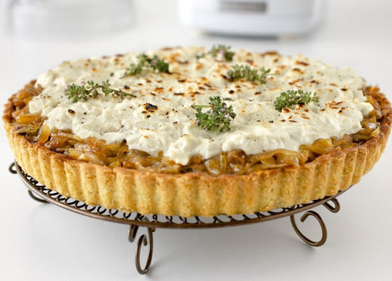 Caramelised onion and goats cheese flan