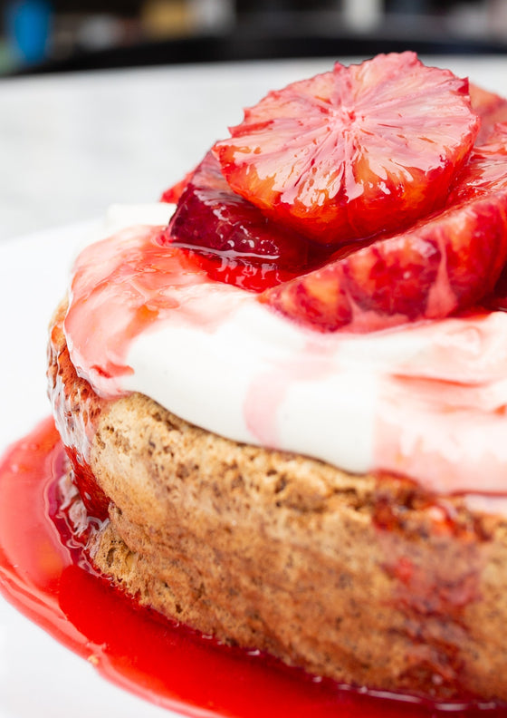Pistachio and orange blossom cake with blood orange and mascarpone