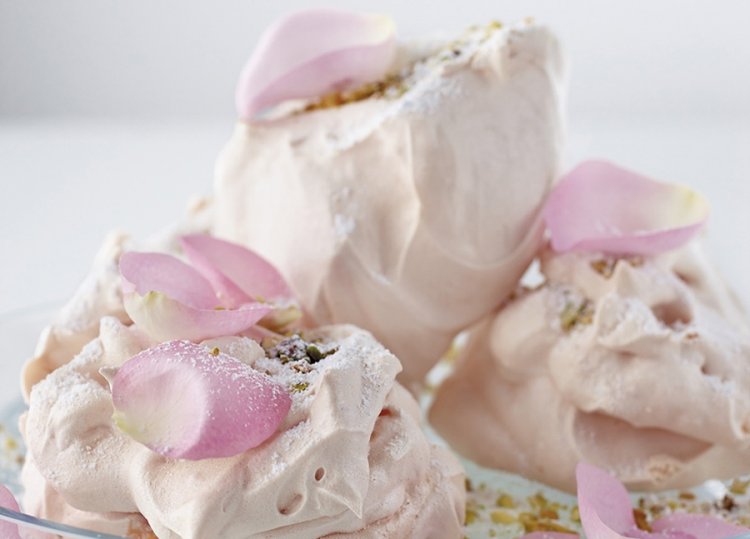 Fluffy pink rose meringues