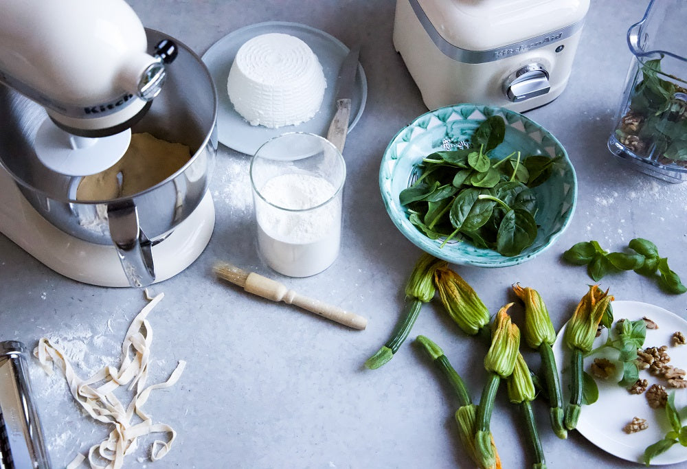 Pasta with zucchini flowers and buffalo ricotta