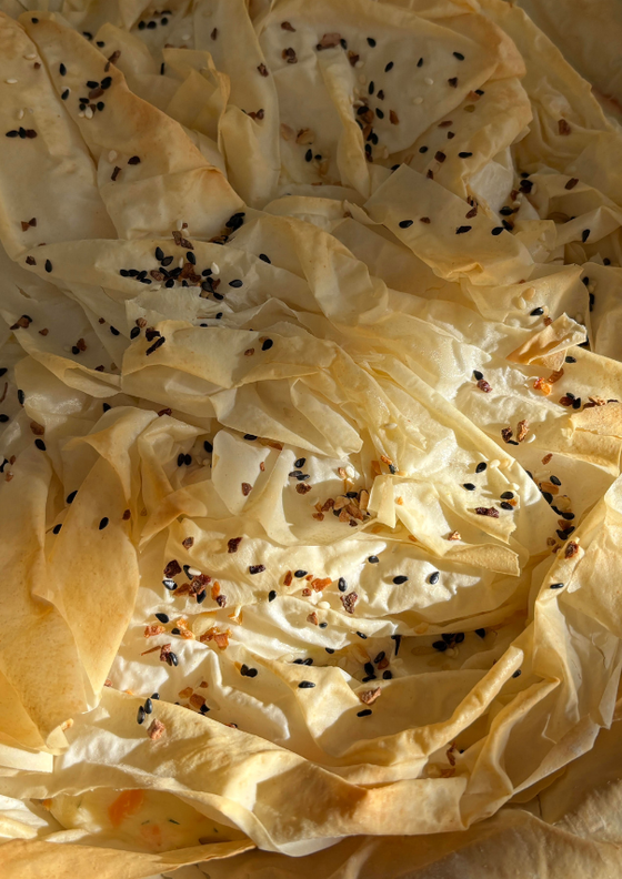 Cheesy Salmon Mornay Filo Pie