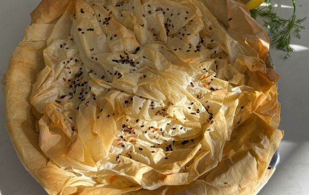 Cheesy Salmon Mornay Filo Pie