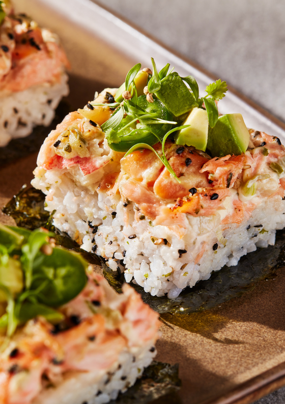 Salmon sushi bake