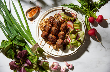Beef tsukune with soba noodles and summer salad
