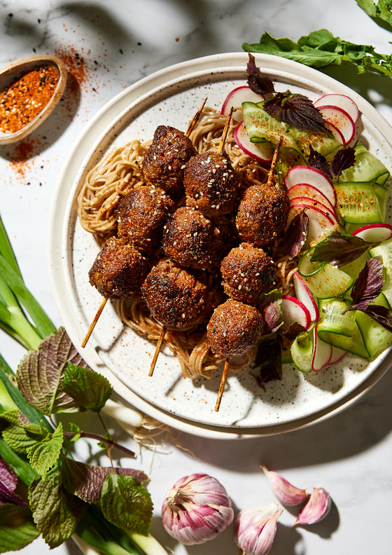 Beef tsukune with soba noodles and summer salad
