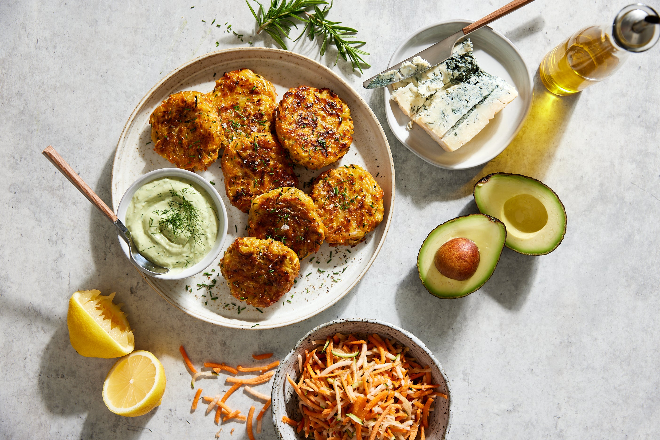 Vegetable fritters with avocado blue cheese dip