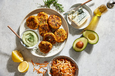 Vegetable fritters with avocado blue cheese dip