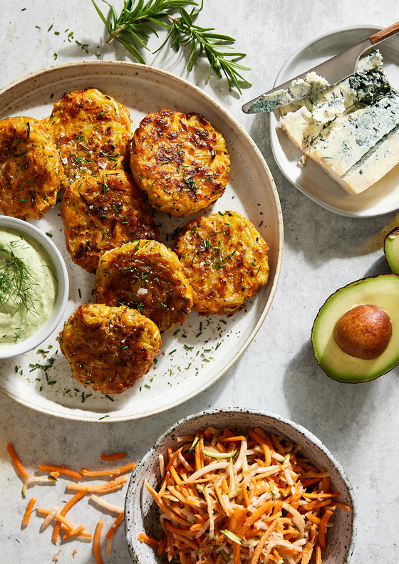 Vegetable fritters with avocado blue cheese dip