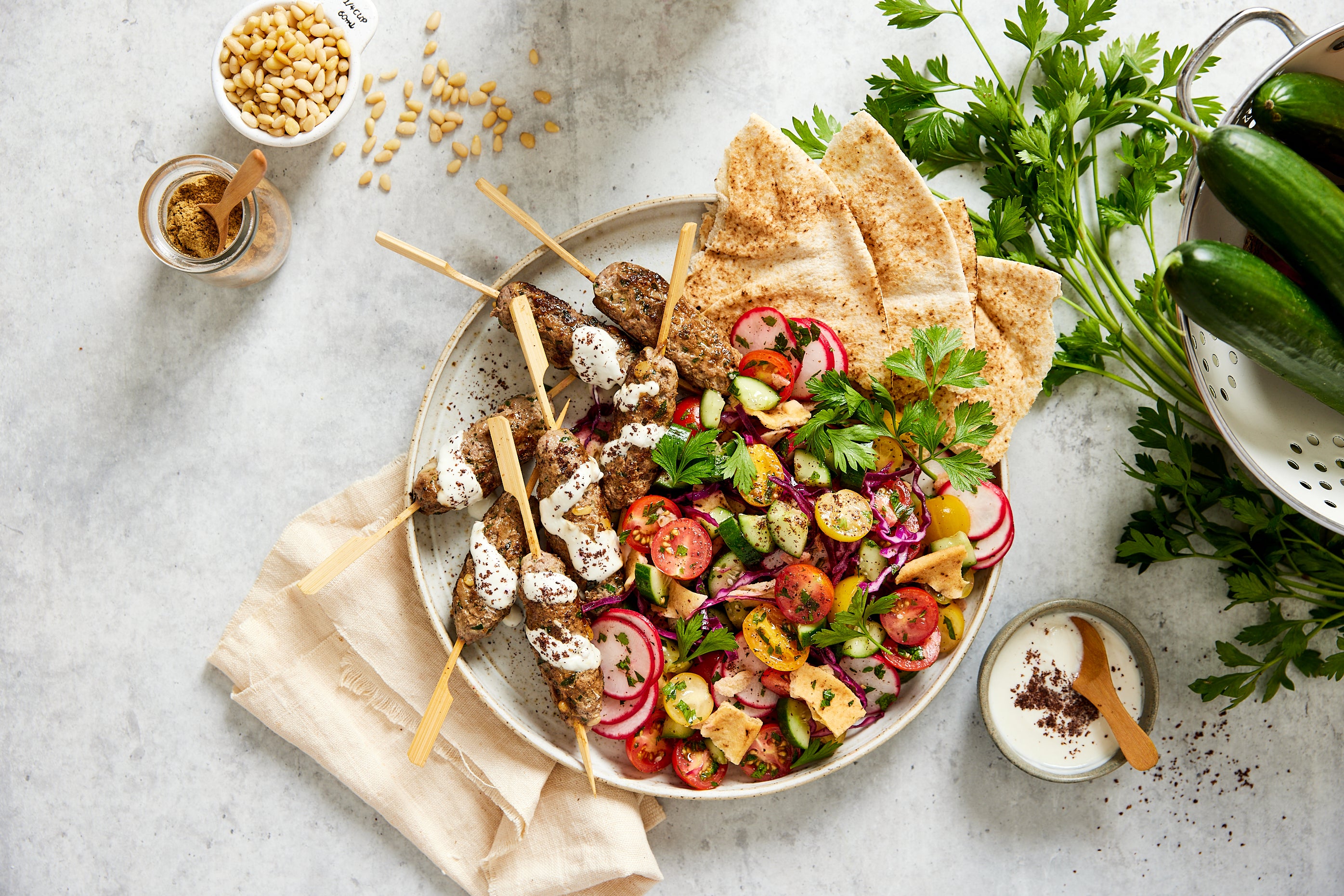 Lamb koftas with fattoush salad