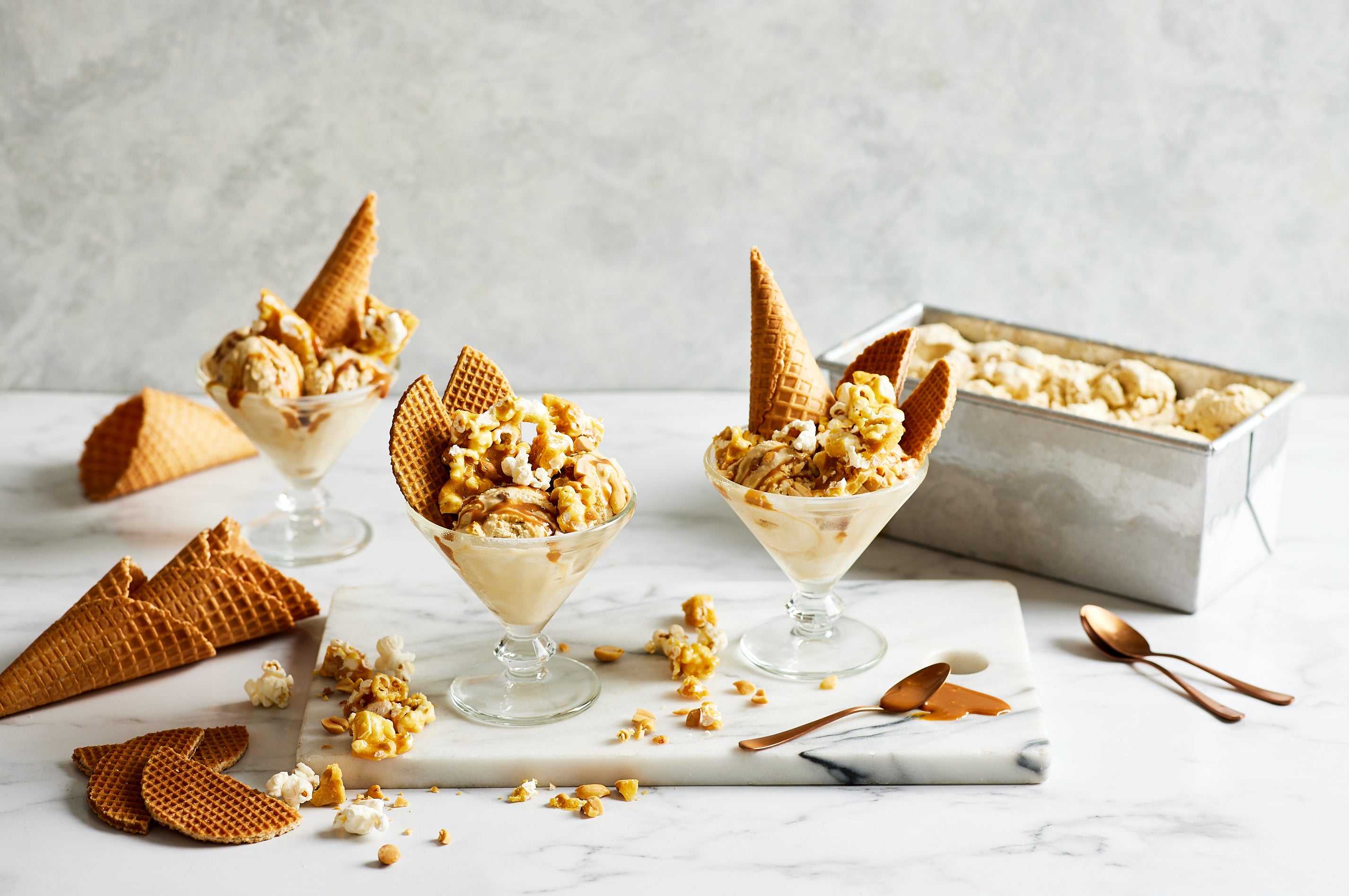 Salted caramel ice cream with peanut and popcorn brittle