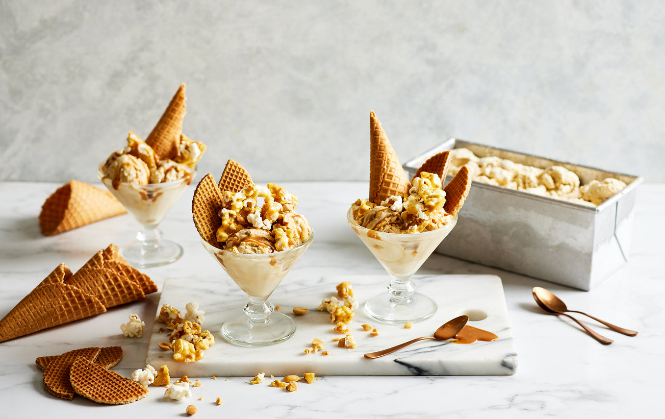 Salted caramel ice cream with peanut and popcorn brittle