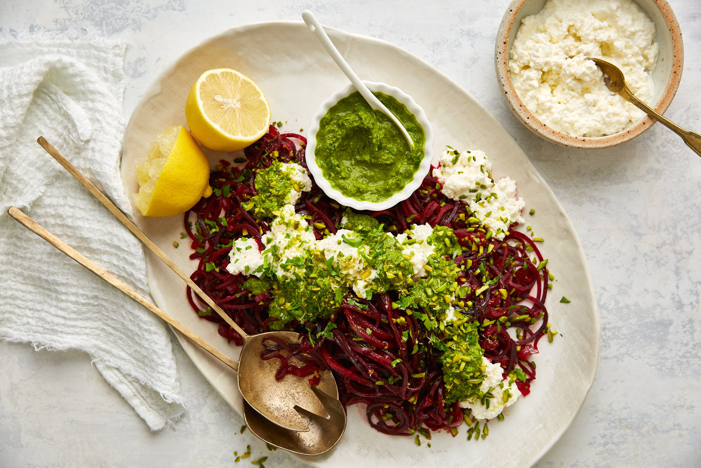 Spiralized beetroot noodles with ricotta salad and parsley pesto