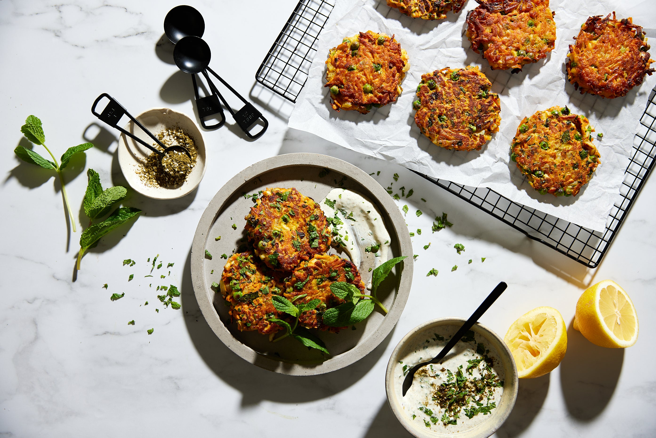 Sweet Potato, Green Pea and Halloumi Fritter with Za’atar Yoghurt Sauce