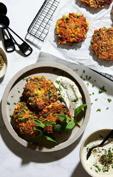 Sweet Potato, Green Pea and Halloumi Fritter with Za’atar Yoghurt Sauce