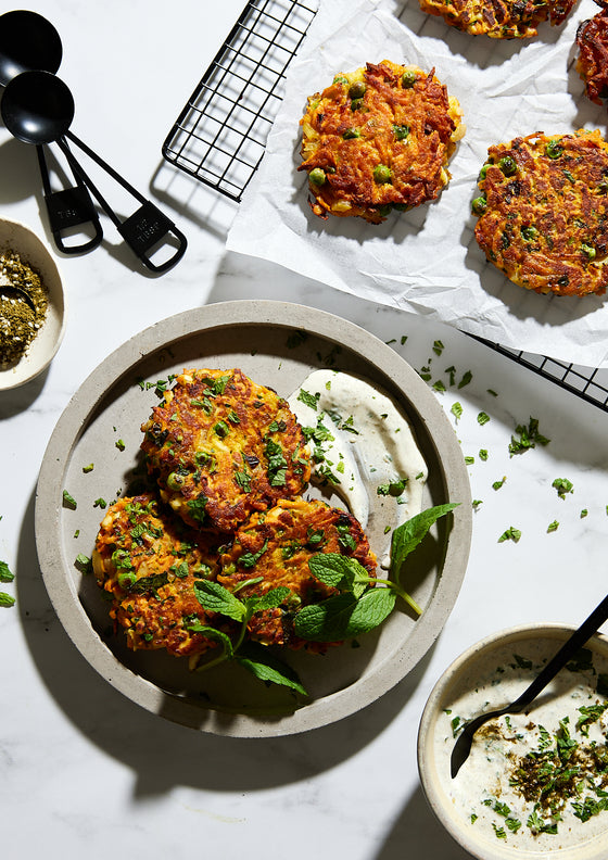 Sweet Potato, Green Pea and Halloumi Fritter with Za’atar Yoghurt Sauce