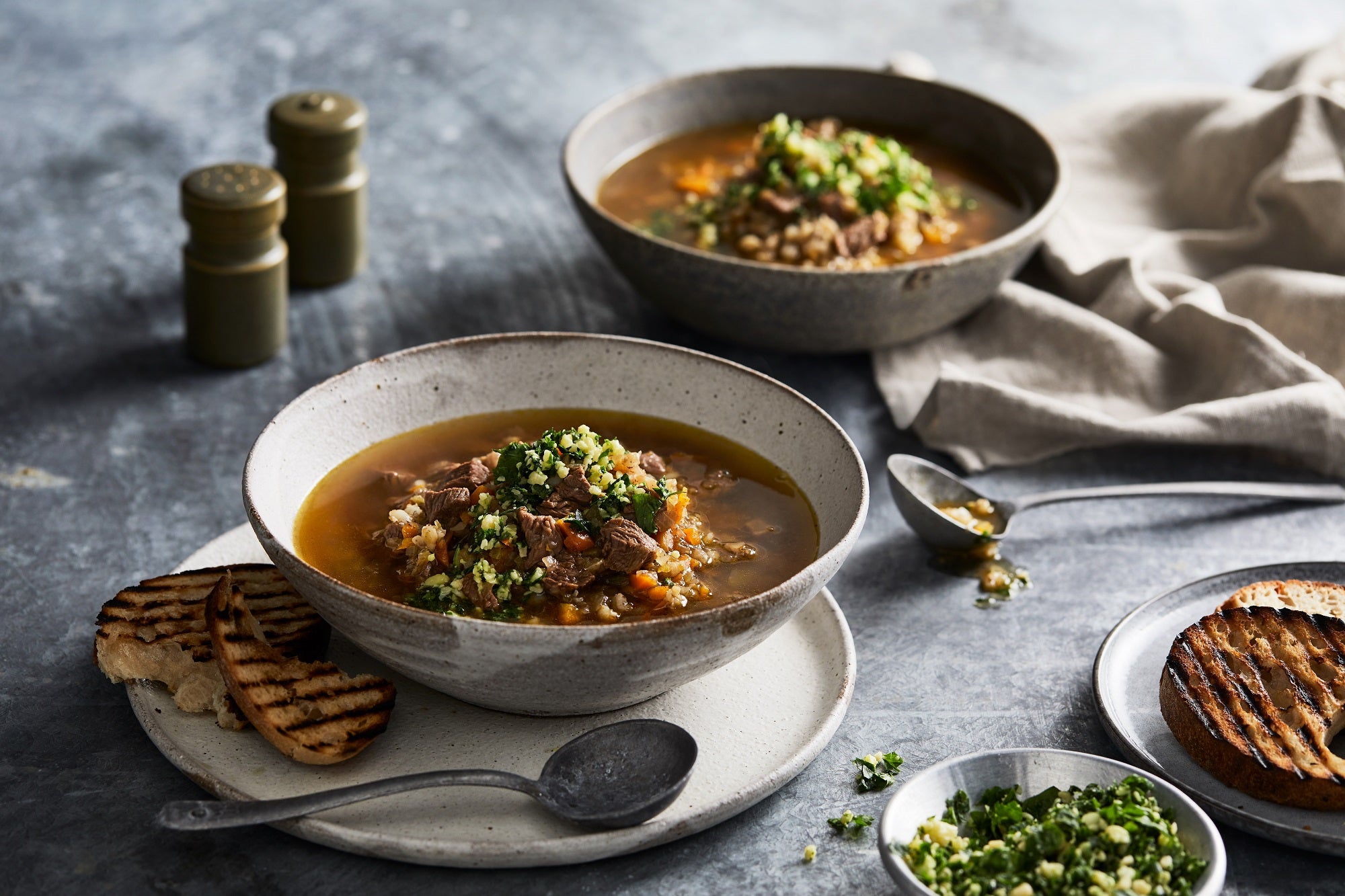 Beef and barley soup with parmesan and parsley gremolata