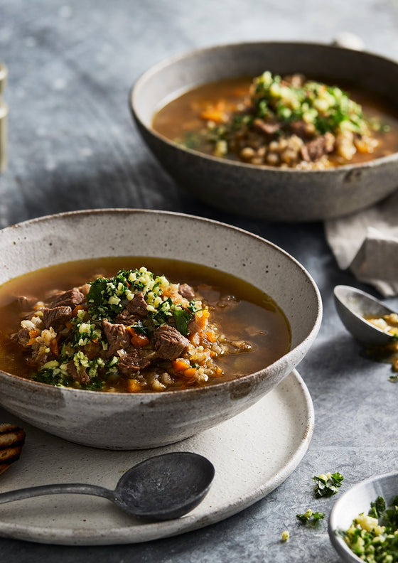 Beef and barley soup with parmesan and parsley gremolata