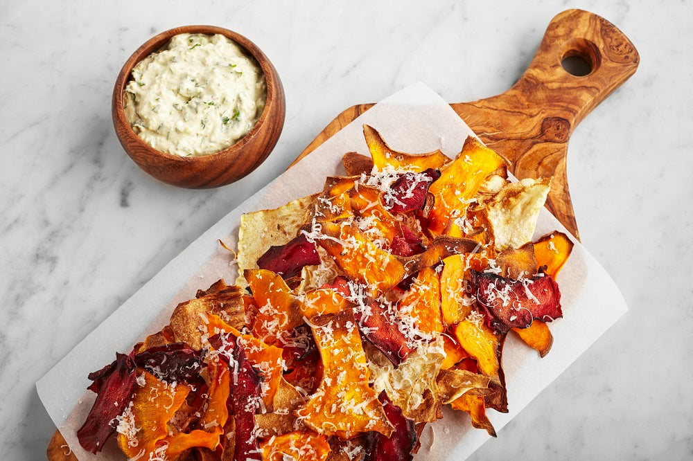 Root vegetable chips with chimichurri dip