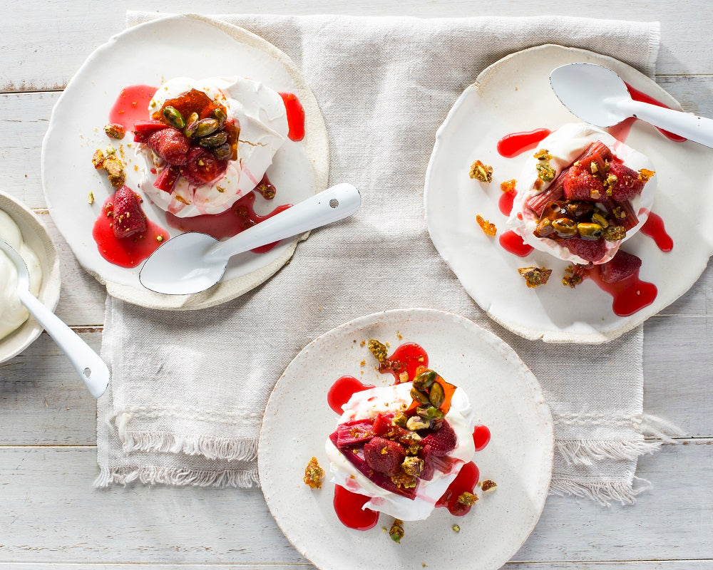 Rosewater Pavlovas With Vanilla-Roasted Red Fruits And Toffee Pistachios | Anneka Manning