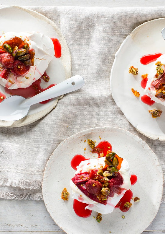 Rosewater Pavlovas With Vanilla-Roasted Red Fruits And Toffee Pistachios | Anneka Manning