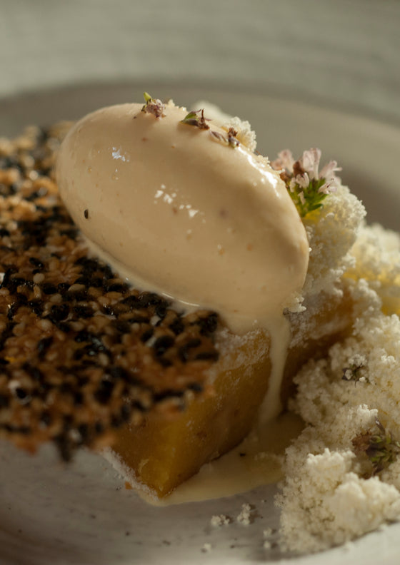 Shane Delia’s Pumpkin and walnut Turkish delight, tahini ice cream, orange blossom snow, simit biscuit