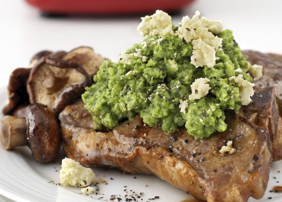 Garlicy broad bean mash with fetta & char grilled lamb