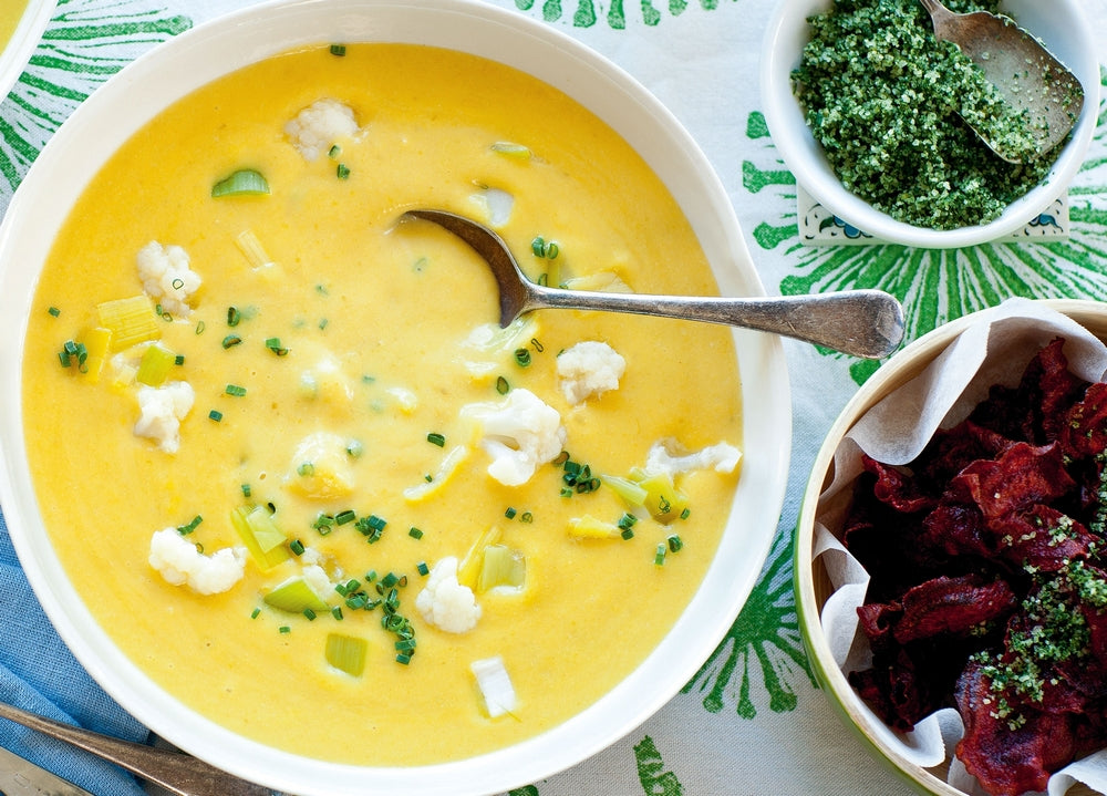 Ed Halmagyi's Creamy Cauliflower, Leek & Potato Soup with Beet Chips