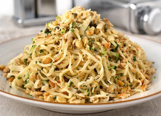 Fettuccine with garlic, pinenut and green peppercorn crumbs
