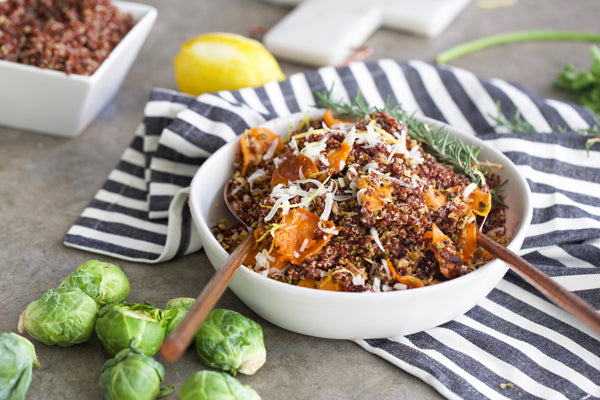 CRISPY BRUSSELS SPROUTS WITH QUINOA AND MAPLE GLAZED SWEET POTATOES