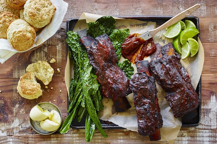 Kentucky-Style Short Ribs with Roasted Garlic Barbecue Sauce and Cheesy Buttermilk Biscuits