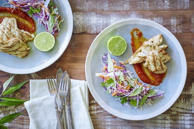 Fast Ed's Lime and Ginger Barbecued Snapper with Asian Slaw and Simple Sweet Chilli Sauce