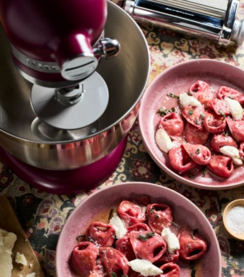 Beetroot tortellini with butternut squash and sage