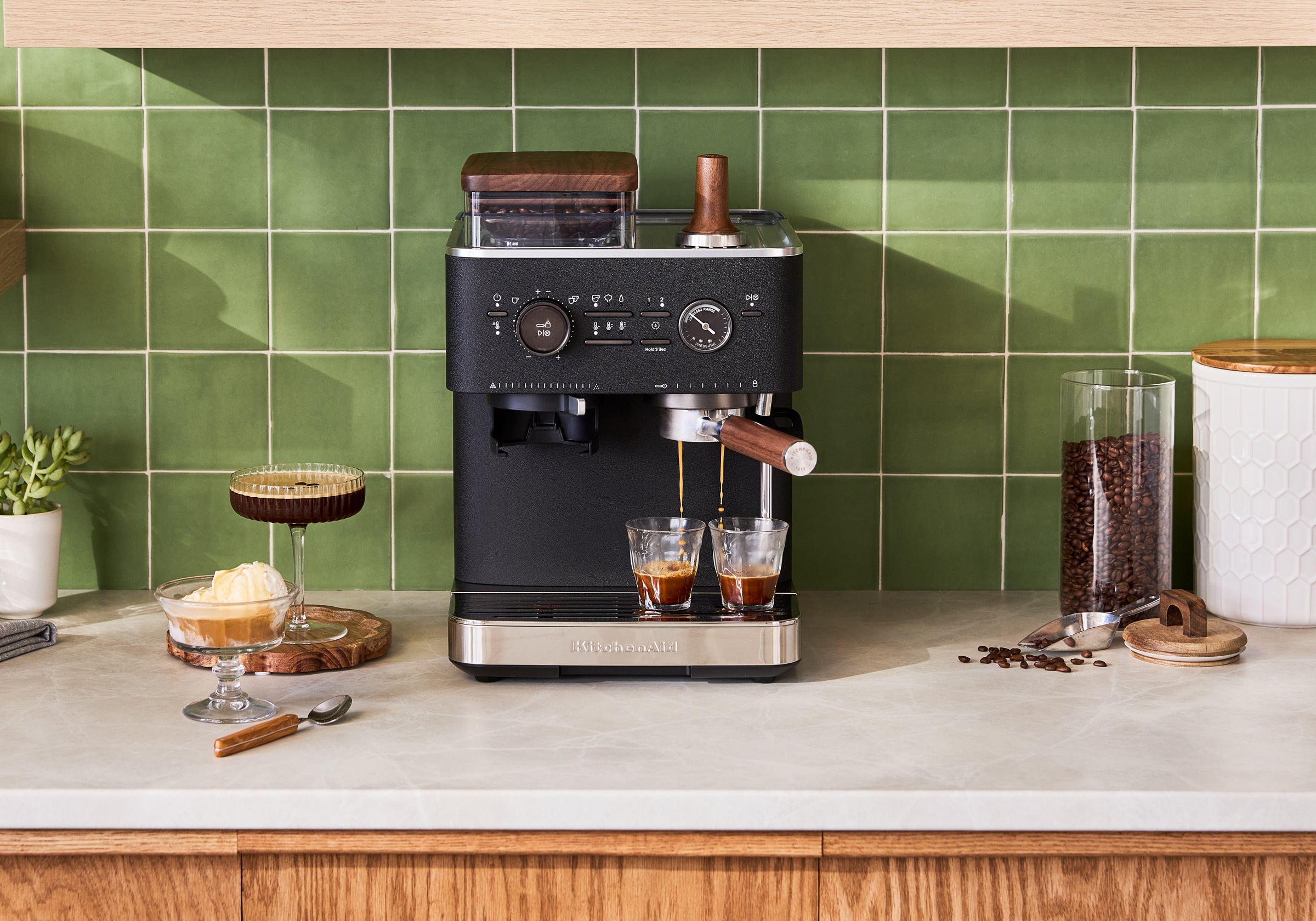 Semi Automatic Espresso Machine & Walnut Wood Accessories Bundle