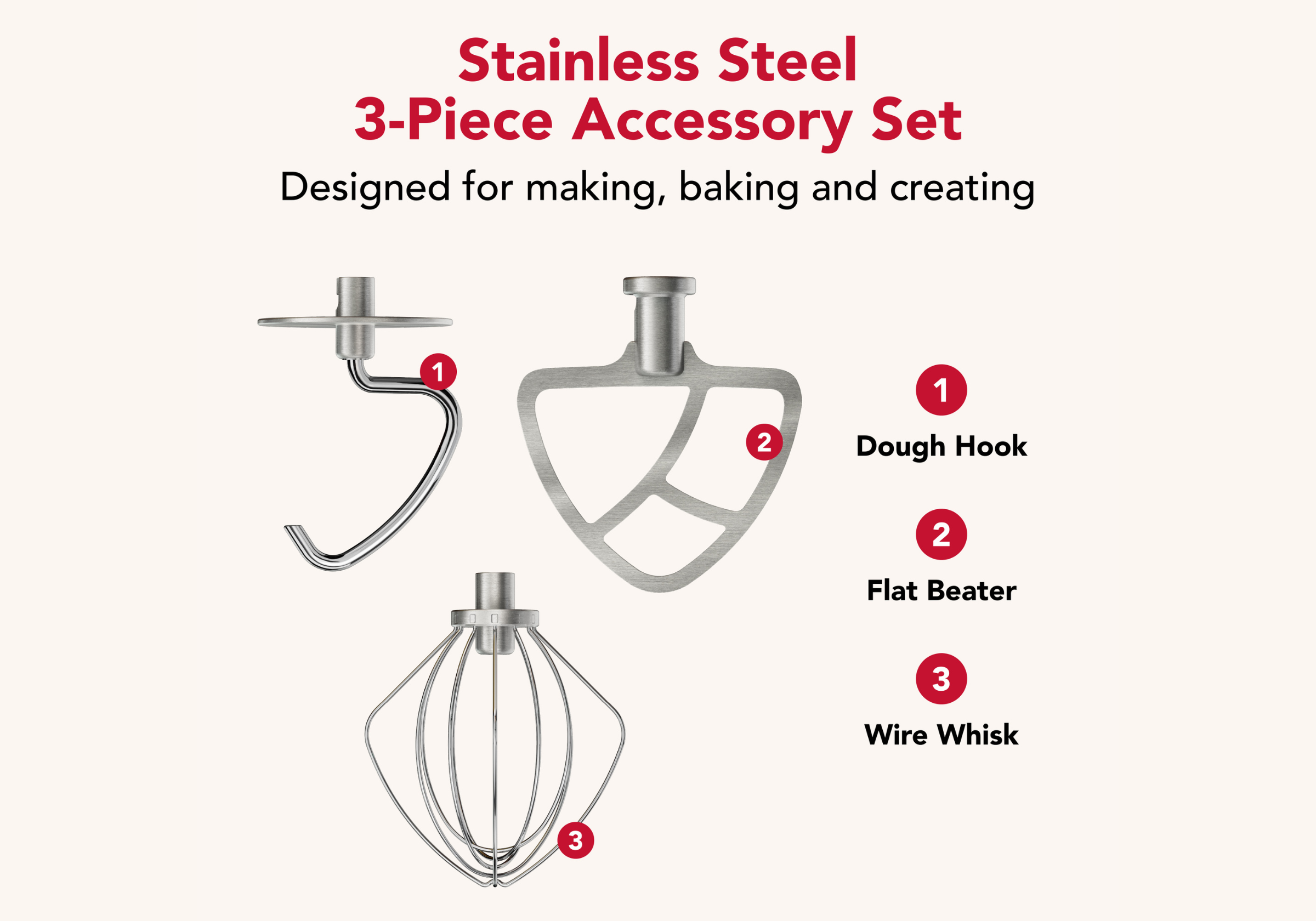 Stainless Steel 3-Piece Accessory Set for Tilt-Head Stand Mixers