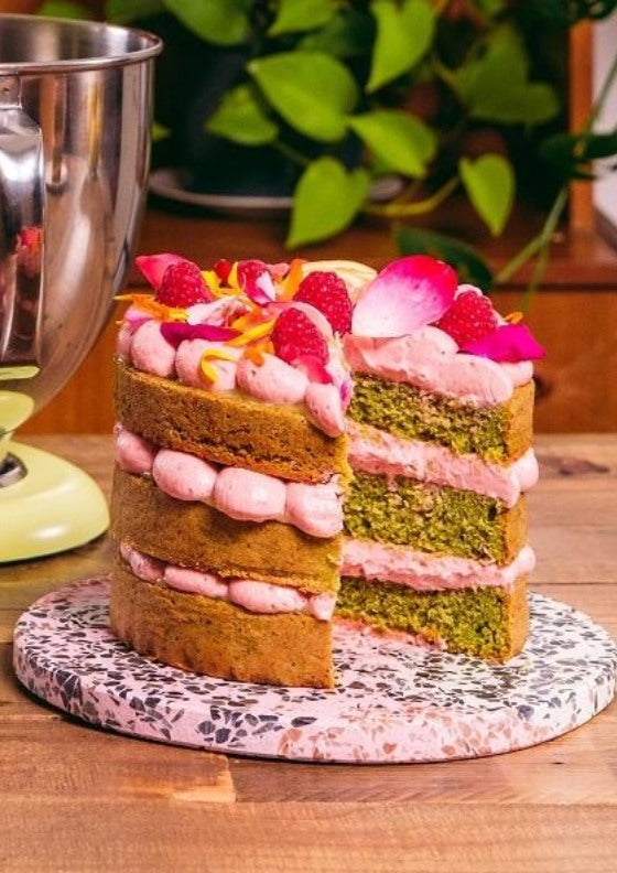 Lemon matcha sponge cake w/ raspberry yoghurt cream cheese (GF) | Katherine Sabbath